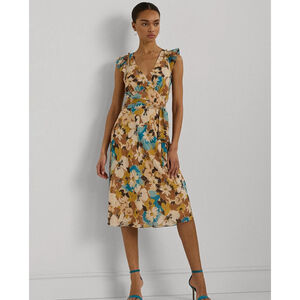 Ralph Lauren Floral Belted Crinkle Georgette Ruffle Dress size Medium
